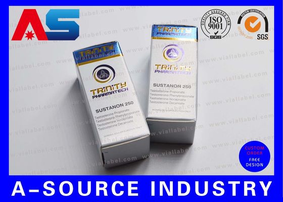 Botella de cristal grabada en relieve metálica de la caja de papel 10ml de la caja de almacenamiento del frasco de la hoja azul con el diseño de Pharmatech de la trinidad
